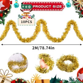 Pack of 10 Christmas Tinsel Garland, 2 m Christmas Tree Garland, Christmas Tinsel Garland, Shiny Tinsel Garland, Christmas Tree Decoration Garland, for Christmas, Weddings, Holiday Parties (E)