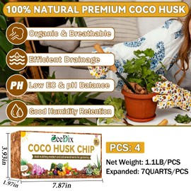 Zeedix 4 Pack Coco Husk Chips for Plants, 100% Organic Coconut Chips Mulch with Low EC & PH Balance, All Purpose for Indoor Plant Flowers Herbs Vegetables, Reptiles Terrarium Tanks Substrate(4.4LB)