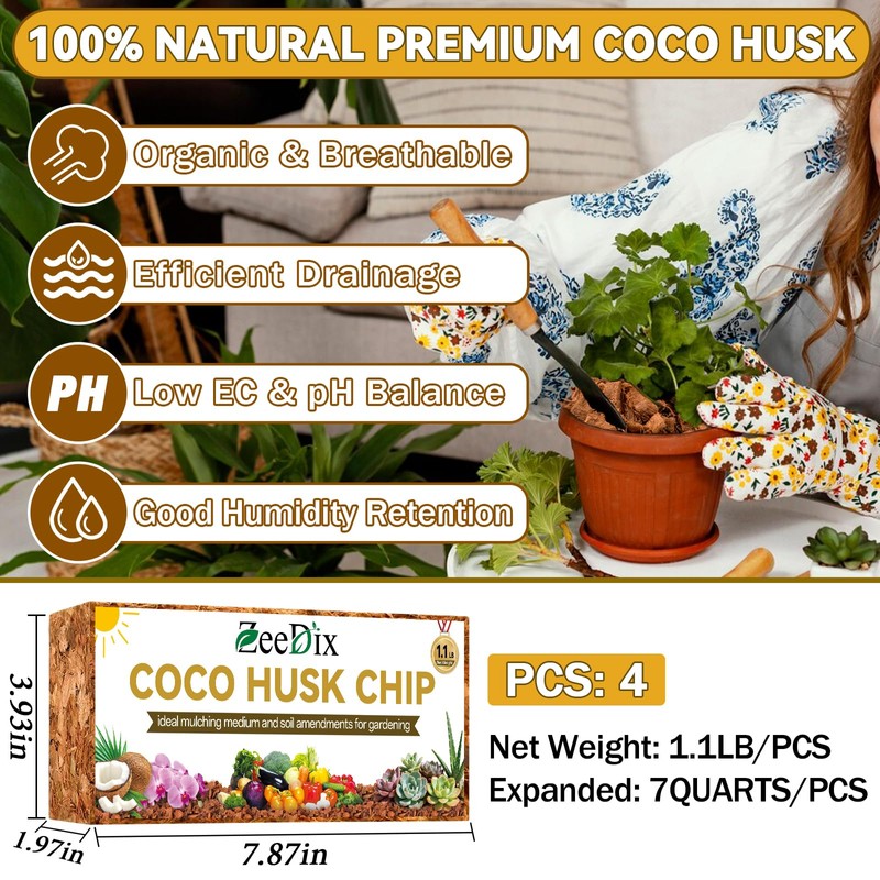 Zeedix 4 Pack Coco Husk Chips for Plants, 100% Organic
