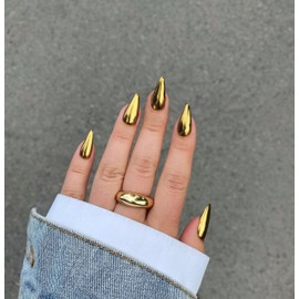 Mirror Metal Gold Press on Almond Shaped Chrome Glazed Medium Nails - Bling Shiny Plating Acrylic Reusable Fake Nails for Women - Stiletto Glue on Medium Length