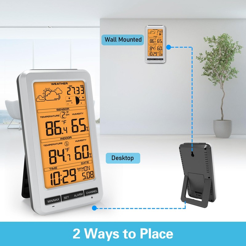 Weather Station Indoor Outdoor Thermometer Humidity Wireless Temperature Humidity Monitor,