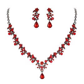Crysdue Wedding Jewelry Set for Women, Austrian Crystal Floral Necklace Dangle Earrings for Brides Bridesmaid Red Black-Tone