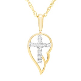 14K Yellow Gold Plated Sterling Silver 0.10cttw Angel Wing Cross Diamond Necklace Pendant with 18" Chain