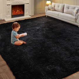 Super Soft Area Rugs for Living Room 5x7 Black, Fluffy Furry Shaggy Fuzzy Area Rug, Upgrade Anti-Skid Rectangular, High Pile Soft Throw Rug for Bedroom and Kids Room, Home Decor Aesthetic