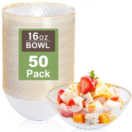 I00000 50 Pack 12-16 Ounce Clear Plastic Bowls Hammered Gold Rimmed Crystal Like, Heavy duty Disposable Bowl Set,Elegant Soup/Salad/Dessert/Ice Cream Bowls For Party, Weddings, Catering