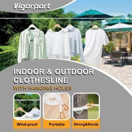 Vigorport Portable Travel Clothesline, Windproof Clothesline with Hang Hole, Indoor and Outdoor Clothes Line for Camping, Hotel, Backyard, Cruise Ship (White, 12.5 Ft)