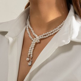 Missgrace Boho Women Wedding Party Prom Vintage Pearl Silver Gold Chain Chokers Multilayer Pearl Choker Necklace Pearl Simple Statement Bride Choker Necklace for Women (Y long 2 Tier)