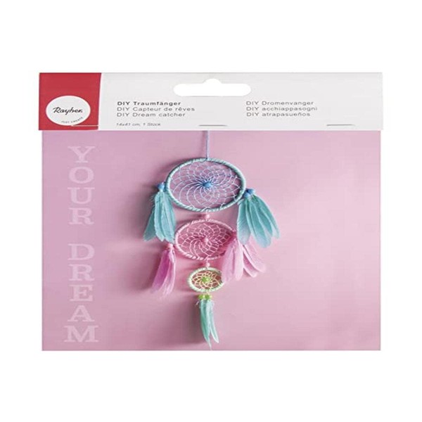 Rayher 66048000 DIY Dream Catcher Craft Kit with Three Metal Hoops, Wall Hanging in Aqua, Pink and Mint Pastel Colours, Length 41 cm
