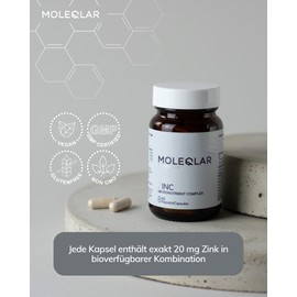 MoleQlar Zinc Capsules Pack of 60 - 20 mg Zinc (10 mg Zinc Bisglycinate + 10 mg Zinc Picolinate) - 60 Days Supply - Vegan, Allergy-Free, Laboratory Tested