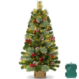 Timer - 3FT Christmas Tree, Small Table top Christmas Tree with 50 Warm White Lights, 72 Pine Branches 28 Smoky Pine Tips Pinecone Berry & Burlap Base Artificial Mini Xmas Tree for Indoor Home Decor