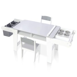 Milliard Kids Art Table Set with Chairs for Playroom, Toddler Craft and Play Wood Activity Table with Storage Bins and Paper Roll (Grey and White)