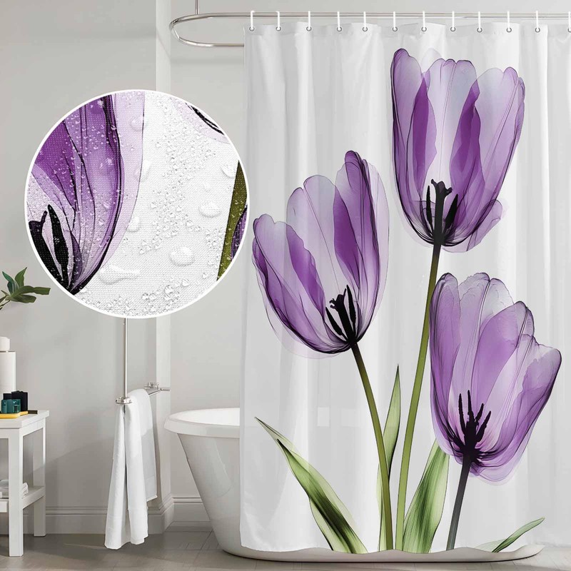 Purple Tulips Shower Curtain Set with Hook 72"x72",Spring Floral Botanical