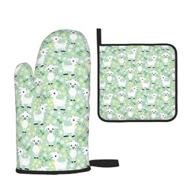 Baby Goats On Green Oven Mitts and Pot Holders Sets,Heat Resistant Non Slip Kitchen Gloves Hot Pads with Inner Cotton Layer for Cooking BBQ Baking Grilling
