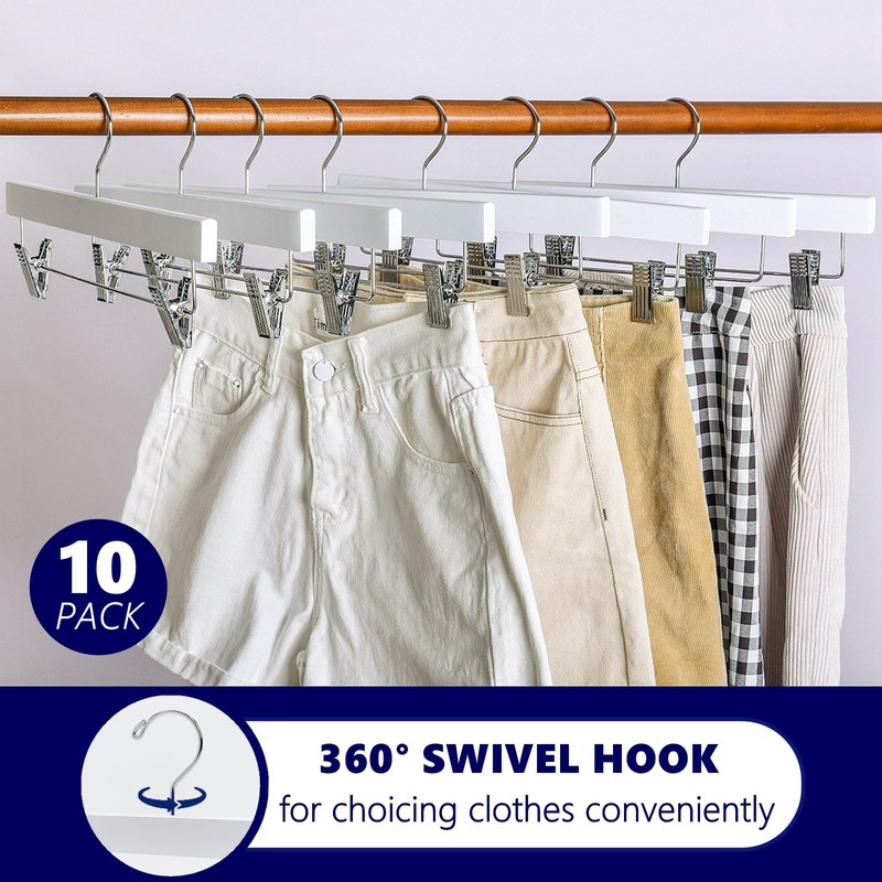 Amber Home 10 Pack White Wooden Pants Hangers with 2-Adjustable