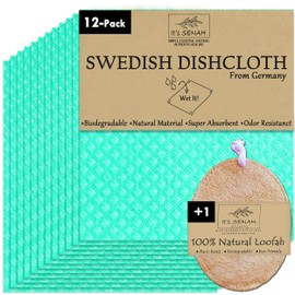 [12Pack+1Loofah Dish Sponge] 100% Natural Biodegradable Swedish Dishcloths for Kitchen | No-Discoloration, No-Odor, Super Absorbent Dish Sponge | Paper Towel Replacement.