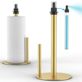 Paper Towel Holder with Spray Bottle, Countertop Paper Towels Dispenser Stand with Sprayer Inside Center, Stainless Steel Paper Towel Holder Stand with Base for Kitchen, Bars, Dining Tables - Gold