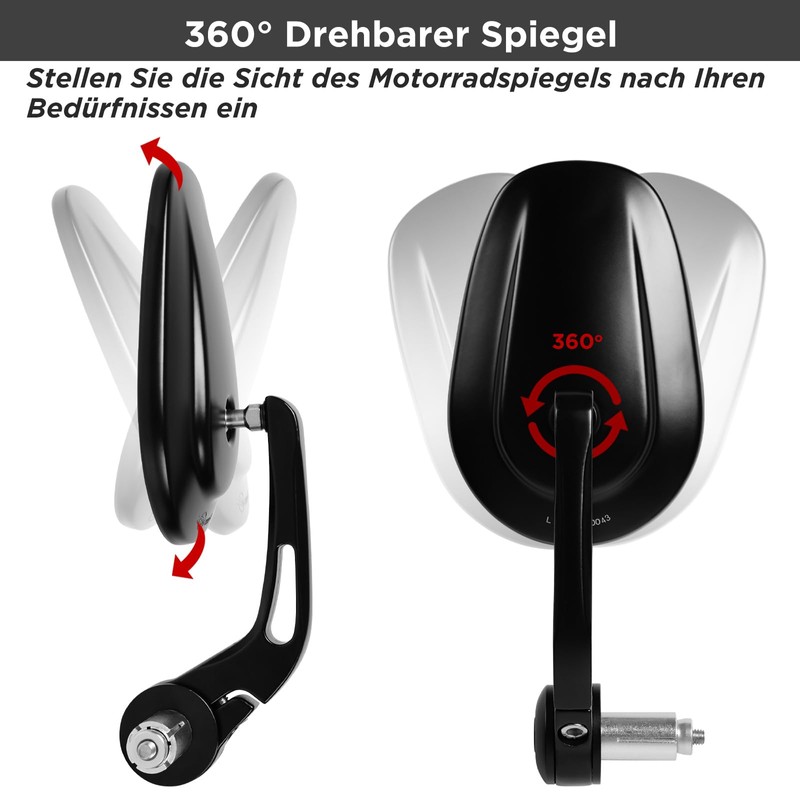 evermotor Universal Motorrad Rückspiegel, Lenkerendenspiegel E geprüft, 360°Drehbar Motorrad Spiegel,