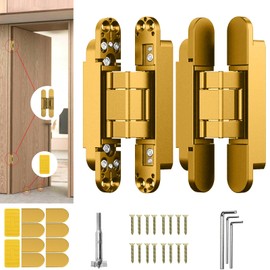 Eegoowa 6" Hidden Door Hinge/Invisible Door Silent Door Hinge 180 Degree Swing Hinge 3-Way Adjustable Butt Hinge 6 x 2.5 x 1 (2PCS) (Golden, 6 inches)