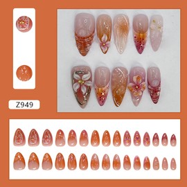 24Pcs Handmade Press on Nails Medium French Tip Fake Nails Almond Shaped 3D Flower Hibiscus with Gold Beads Glitter Design Glue on Nails Spring Summer False Nails for Women Girls Acrylic Manicure