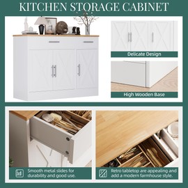 Shintenchi Modern Farmhouse Sideboard Buffet Cabinet with Storage with 3 Doors,42" Barn Doors Buffet Cabinet with Storage, Wood Coffee Bar Cabinet with Adjustable Shelf for Kitchen Living Room,White