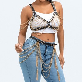 Navoky Goth Leather Body Chain Set Punk Black Plus Size Bra Harness Women Gold Metal Layered Waist Chains Costume Jewelry Accessories