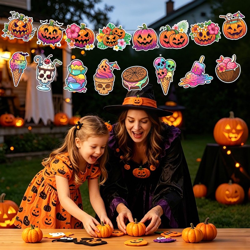 YVAINE Summer Halloween Banner, 4PCS Funny Hawaii Skeleton Novelty Halloween