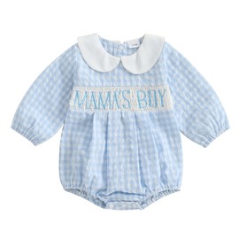 KKCVMOMOQ Newborn Baby Boy Summer fall Clothes Mamas Boy Bubble Romper Smocked Clothes Infant Bodysuit Long Sleeve Onesie (Mamas Boy-Blue, 0-3 Months)