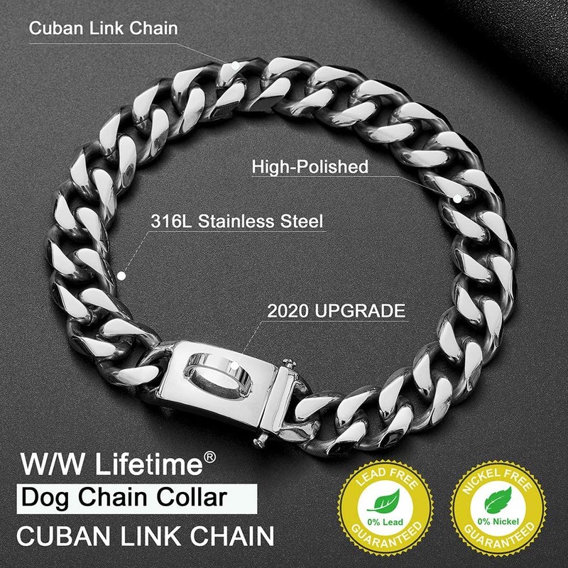 W/W Lifetime Dog Chain Collar Walking Metal Collar with Design