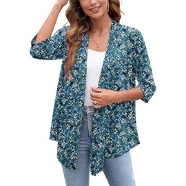 Heymoments Women's Cardigan Lightweight Draped Open Front 3/4 Sleeve Casual Flowy Holiday Cardigan Coat Monet Garden XX-Large