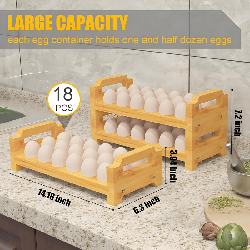 Bamboo Egg Holder & Storage - Stackable Large Capacity Organizer,