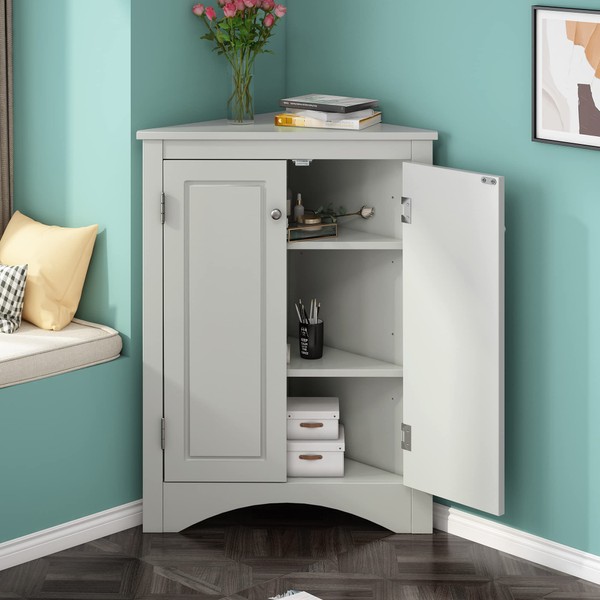 MIRACOL Bathroom Corner Storage Cabinet - 2 Adjustable Shelves and 2 Doors Triangle Cabinets Furniture - Floor Cabinets Decorations for Home Kitchen Bathroom Living Room Small Space White Grey