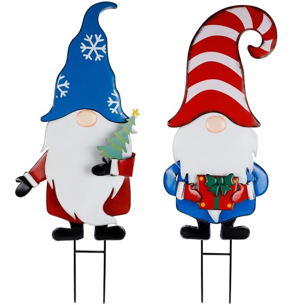 Hausse 2 Pack Garden Metal Gnome Stakes, 33 Inch Christmas Decorative Gnomes Stakes, Yard Signs for Outdoor Decorations, Holiday New Year Spring Home Tomte Decor for Lawn Pathway Patio