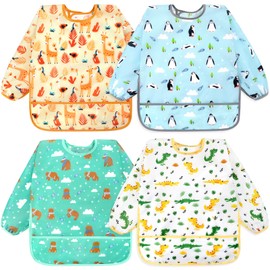Accmor 4 Pack Long Sleeve Baby Bibs, Waterproof Sleeved Bib, Toddler Soft Bib for 6-24 Months