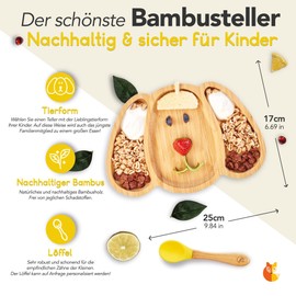 Kleiner Fuchs High-quality bamboo plate with suction cup, non-slip suction cup with matching baby spoon makes meals fun, bamboo tableware set with gift box - learning to eat with dog design