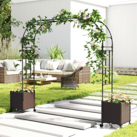 Giantex 6.6 FT Garden Arch with Trellis & 2 Planter Boxes, Tall Arbor for Climbing Vine, Flowers, Decorative Gate for Wedding Ceremony Party (Brown+Black)