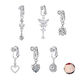 DALAETUS 6 Pcs Stainless Steel Non Piercing Fake Belly Rings Set, Zircon Fake Belly Button Rings, Silver Fake Navel Ring for Women, Girlfriend, Jewellery