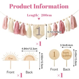 URROMA 1Pcs 1st Birthday Banner High Chair Banner Handmade Ribbon Banner Boho High Chair Fabric Garland Pink Wall Hangings for first Birthday Party