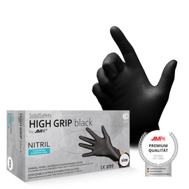 AMPri SolidSafety: High Grip Nitrile Disposable Gloves - Pack of 100 / Box - Size XXL, Black, Extra Grippy and Chemical-Resistant Work Safety Gloves in Sizes S, M, L, XL, XXL