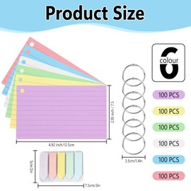 OT-NVWOZR Flash Cards, 600PCS Revision Cards with 100 Sticky Tabs & 6 Metal Binder Ring, 125 x 75mm Colorful Index Cards Ruled Flshcards Heavy Notecards for Office School Study Learning