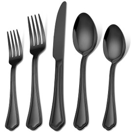 LIANYU 40-Piece Black Silverware Set for 8, Stainless Steel Flatware Cutlery Set, Eating Utensils Set with Scalloped Edge, Dishwasher Safe, Mirror Polished