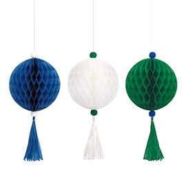 Unique 25198 Blue, White & Green Tissue Ball and Tassel Ornament Decorations Kit-1 Count (Pack of 1), Multicolour
