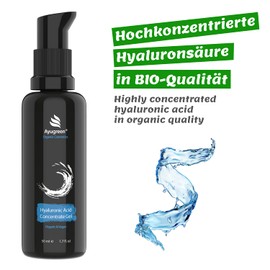 Ayugreen organic hyaluronic acid serum, highly concentrated 50 ml, vegan, anti-ageing serum gel with aloe vera against wrinkle on the face, neck, cleavage, natural cosmetics, made in Germany.