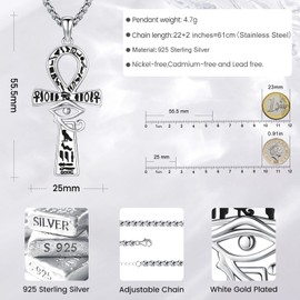 Eusense Eye of Horus Ankh Necklace, 925 Sterling Silver, Ankh Cross Pendant, Ancient Egyptian from Protection Jewellery, Gift for Men and Women, Sterling Silver