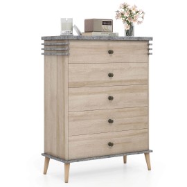 Costway 5-Drawer Dresser Farmhouse Chest of Drawers w/Rubber Wood Legs Anti-tipping Kit