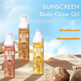 Body Glow Oil, Broad Spectrum SPF 50, Glitter Shimmer Sunscreen Body Oil Lotion with Sequin Mica, Lightweight Non-Sticky Moisturizer with Coconut, Skin Illuminator Glowing Results (03# Gold)