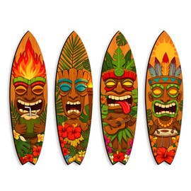 Surfboard Wall Decor, Funny Tiki Bar Decor Party Decoration, Wooden Wall Hanging Sign Rustic Farmhouse Wall Art, 4L''x14W'', Set of 4