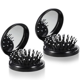 2 Pack Foldable Travel Mirror Hair Brushes Round Portable Folding Pocket Hair Brush Compact Massage Comb for Men Women, Black