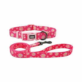 Olahibi Dog Collar Leash Set, Floral Pattern, Polyester Material, Adjustable Collar and 5ft Matching Leash, for Medium Dogs.(M, Pink Daisy)