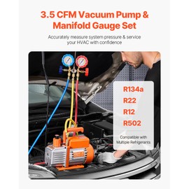 Happybuy 3.5 CFM AC Vacuum Pump and Gauge Set, A/C Refrigerant Manifold Gauge Kit with Hoses, for Air Conditioning Refrigeration of R134a, R12, R22, R502a, Single Stage Rotary Vane HVAC