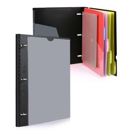 WOT I Telescoping Project Organizer, Refillable 3 Ring Binder Pocket Folder with Customized Front Cover+Clear Catalog Pocket+ Pockets Dividers+Snap Button Pouch, Black